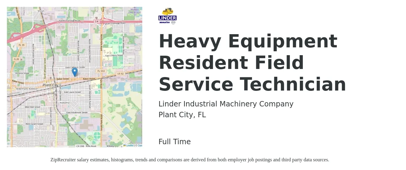 Linder Industrial Machinery Company job posting for a Heavy Equipment Resident Field Service Technician in Plant City, FL with a salary of $19 to $27 Hourly with a map of Plant City location.