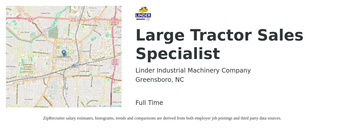 Linder Industrial Machinery Company job posting for a Large Tractor Sales Specialist in Greensboro, NC with a salary of $44,600 to $74,100 Yearly with a map of Greensboro location.