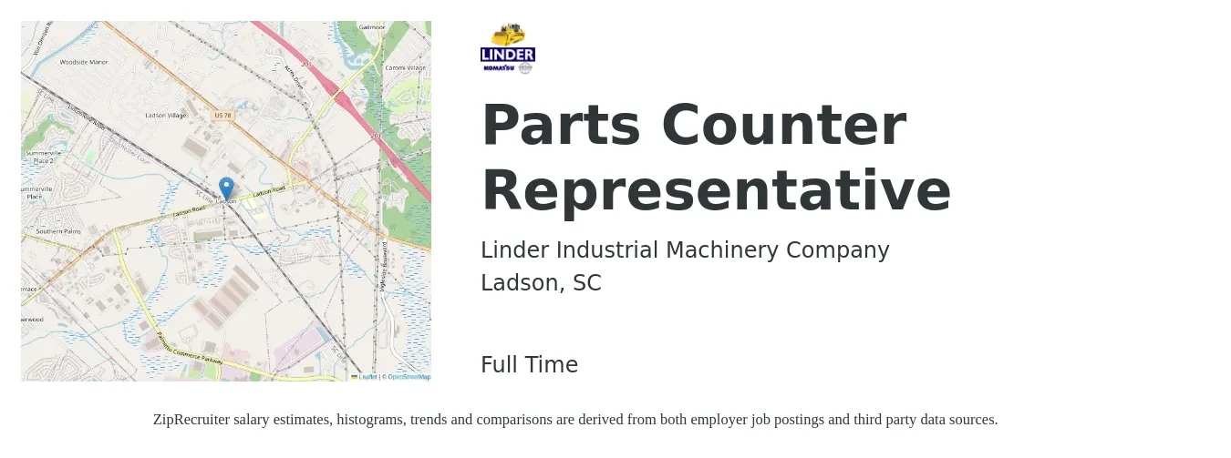 Linder Industrial Machinery Company job posting for a Parts Counter Representative in Ladson, SC with a salary of $18 to $22 Hourly with a map of Ladson location.