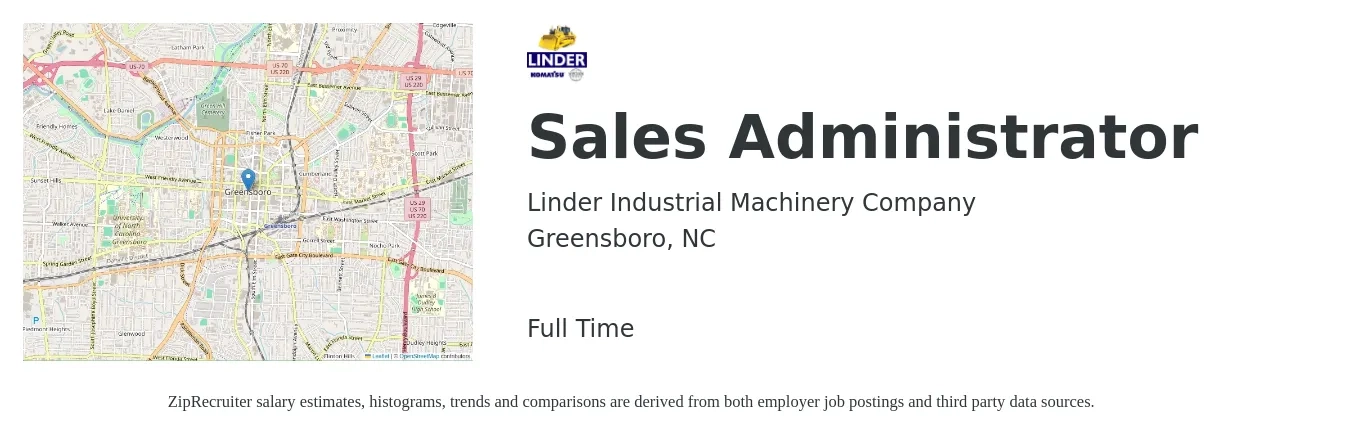 Linder Industrial Machinery Company job posting for a Sales Administrator in Greensboro, NC with a salary of $20 to $27 Hourly with a map of Greensboro location.
