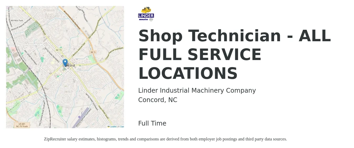 Linder Industrial Machinery Company job posting for a Shop Technician - ALL FULL SERVICE LOCATIONS in Concord, NC with a salary of $17 to $22 Hourly with a map of Concord location.