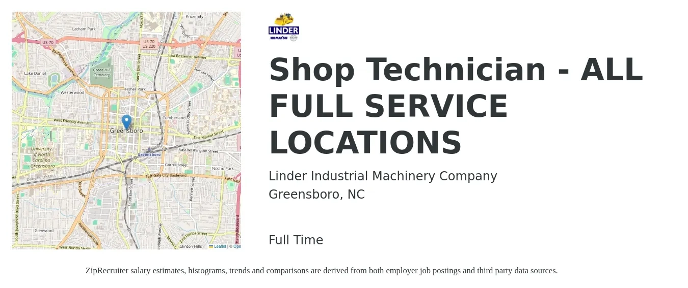 Linder Industrial Machinery Company job posting for a Shop Technician - ALL FULL SERVICE LOCATIONS in Greensboro, NC with a salary of $18 to $24 Hourly with a map of Greensboro location.