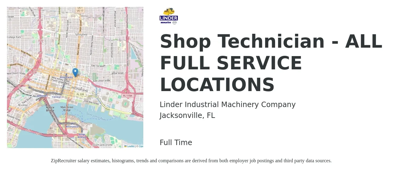 Linder Industrial Machinery Company job posting for a Shop Technician - ALL FULL SERVICE LOCATIONS in Jacksonville, FL with a salary of $16 to $22 Hourly with a map of Jacksonville location.