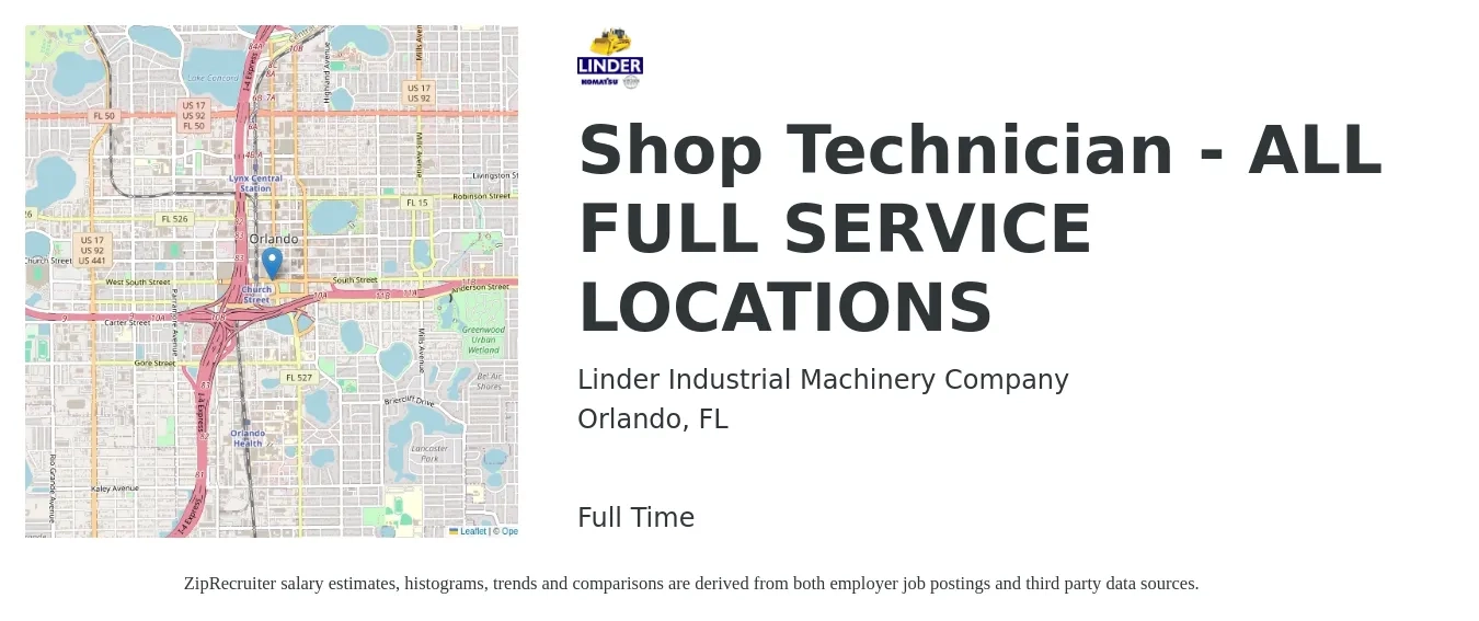 Linder Industrial Machinery Company job posting for a Shop Technician - ALL FULL SERVICE LOCATIONS in Orlando, FL with a salary of $17 to $22 Hourly with a map of Orlando location.