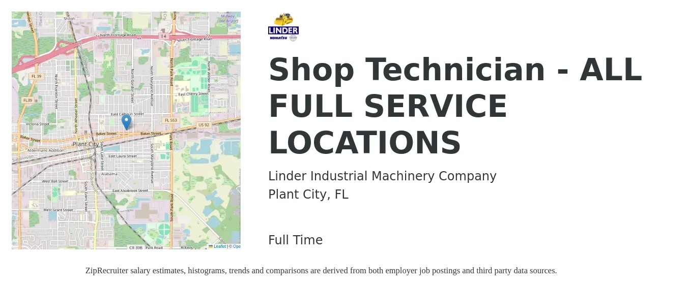 Linder Industrial Machinery Company job posting for a Shop Technician - ALL FULL SERVICE LOCATIONS in Plant City, FL with a salary of $16 to $22 Hourly with a map of Plant City location.