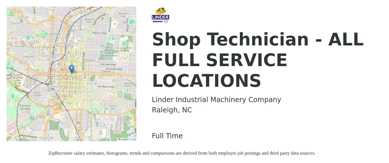 Linder Industrial Machinery Company job posting for a Shop Technician - ALL FULL SERVICE LOCATIONS in Raleigh, NC with a salary of $16 to $22 Hourly with a map of Raleigh location.