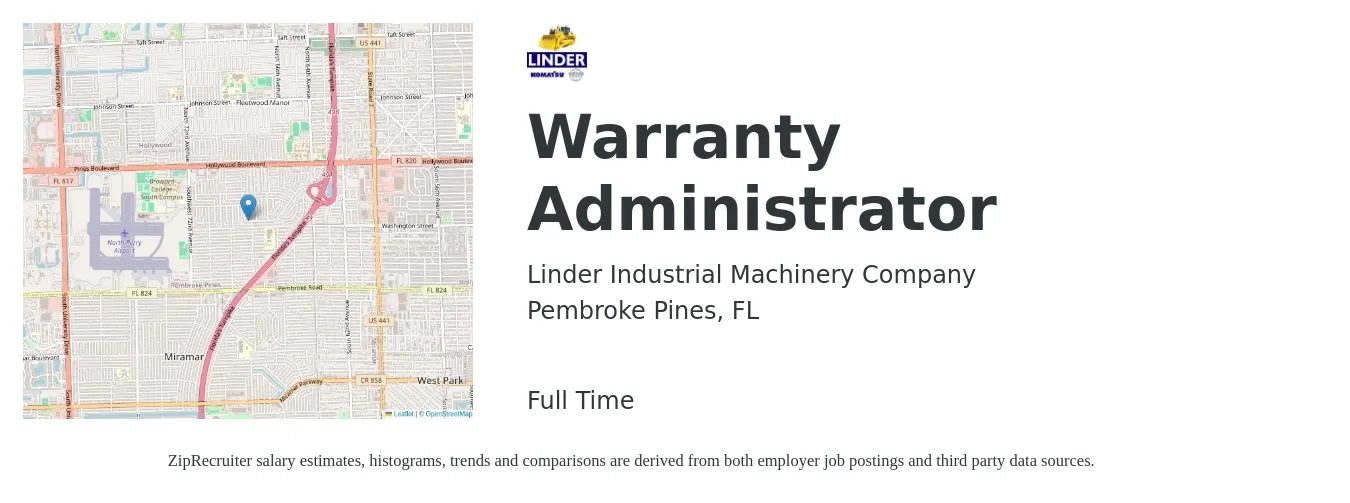Linder Industrial Machinery Company job posting for a Warranty Administrator in Pembroke Pines, FL with a salary of $18 to $25 Hourly with a map of Pembroke Pines location.