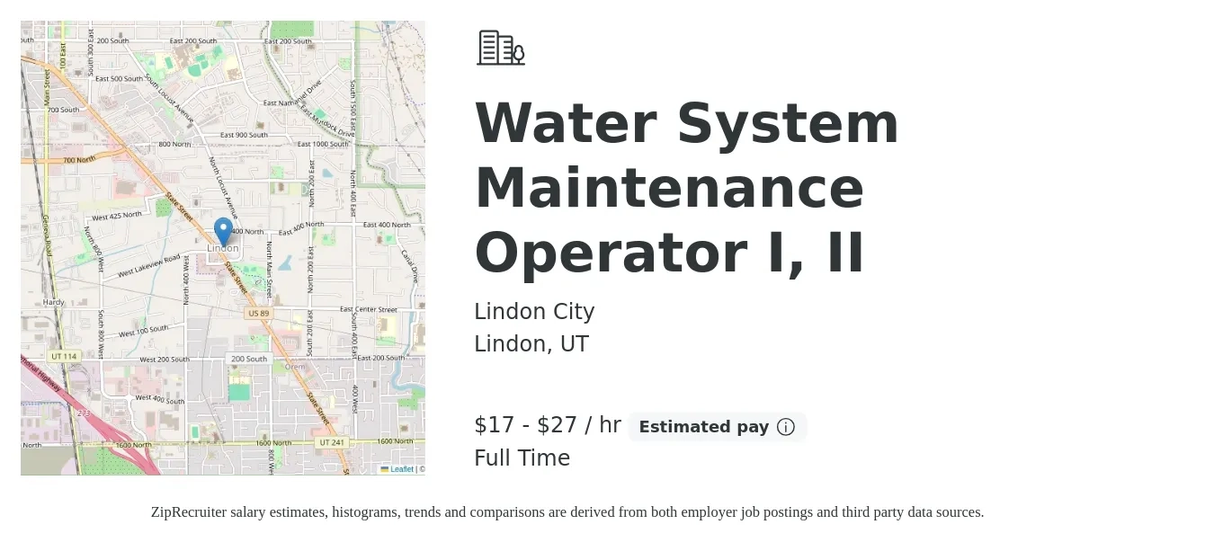 Lindon City job posting for a Water System Maintenance Operator I, II in Lindon, UT with a salary of $18 to $29 Hourly with a map of Lindon location.
