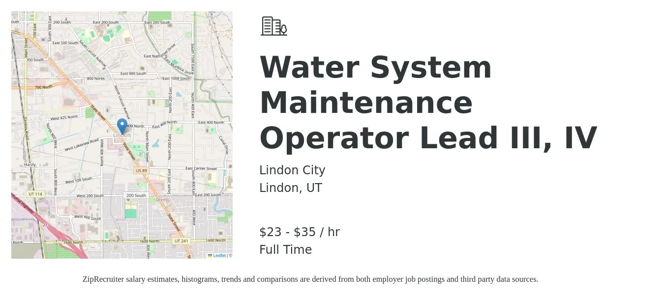 Lindon City job posting for a Water System Maintenance Operator Lead III, IV in Lindon, UT with a salary of $21 to $37 Hourly with a map of Lindon location.