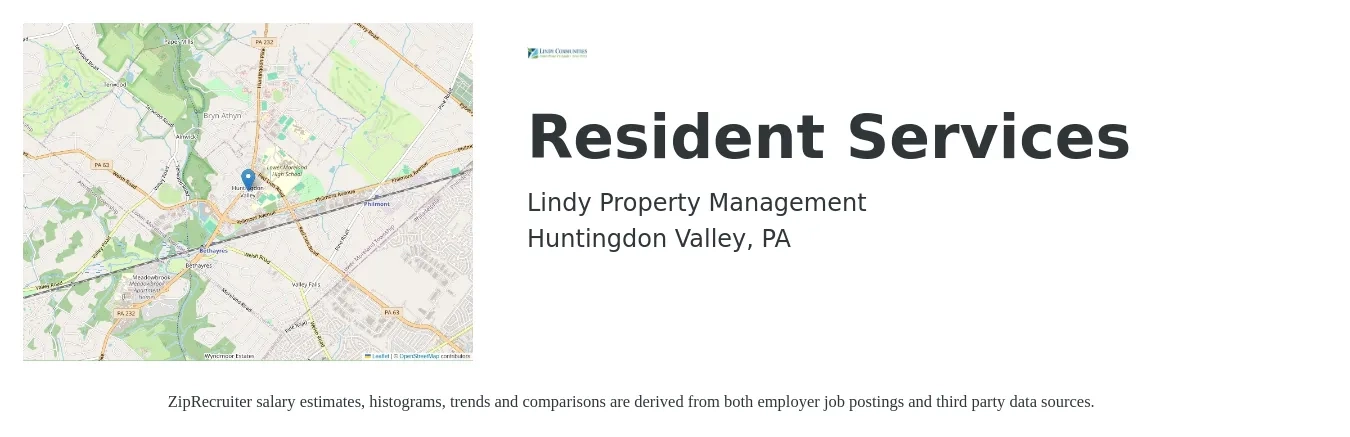 Lindy Property Management job posting for a Resident Services in Huntingdon Valley, PA with a salary of $22 Hourly with a map of Huntingdon Valley location.
