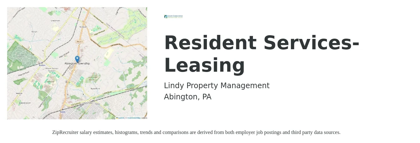 Lindy Property Management job posting for a Resident Services-Leasing in Abington, PA with a salary of $22 Hourly with a map of Abington location.