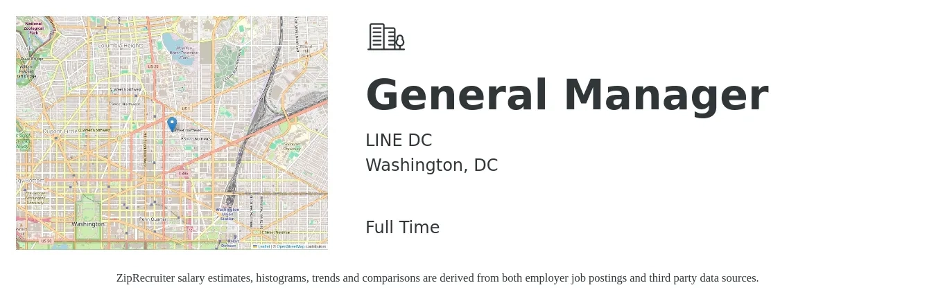 LINE DC job posting for a General Manager in Washington, DC with a salary of $55,900 to $83,600 Yearly with a map of Washington location.