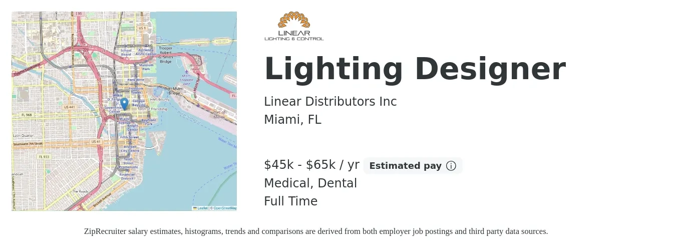 Linear Distributors Inc job posting for a Lighting Designer in Miami, FL with a salary of $45,000 to $65,000 Yearly and benefits including medical, and dental with a map of Miami location.
