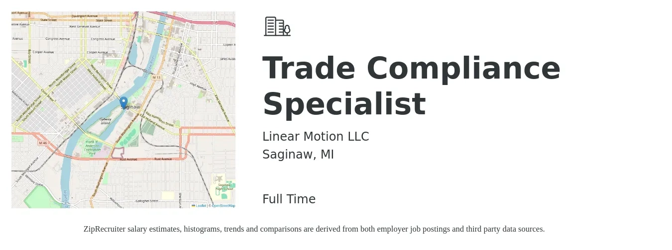Linear Motion LLC job posting for a Trade Compliance Specialist in Saginaw, MI with a salary of $45,200 to $73,100 Yearly with a map of Saginaw location.