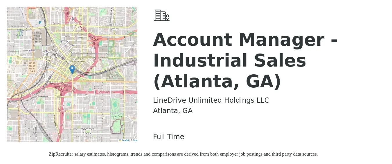 LineDrive Unlimited Holdings job posting for a Account Manager - Industrial Sales (Atlanta, GA) in Atlanta, GA with a salary of $48,600 to $76,900 Yearly with a map of Atlanta location.