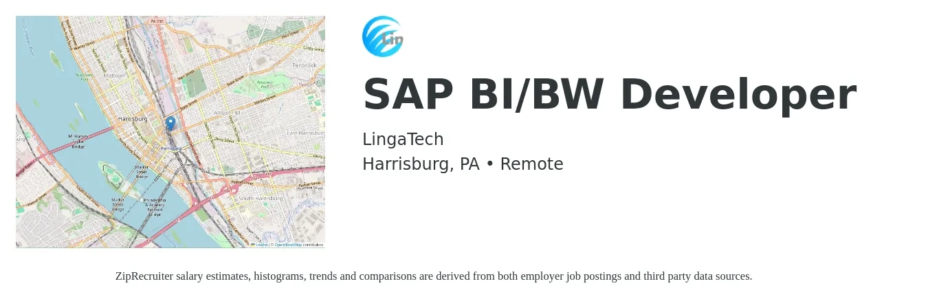 LingaTech job posting for a SAP BI/BW Developer in Harrisburg, PA with a salary of $47 to $94 Hourly with a map of Harrisburg location.