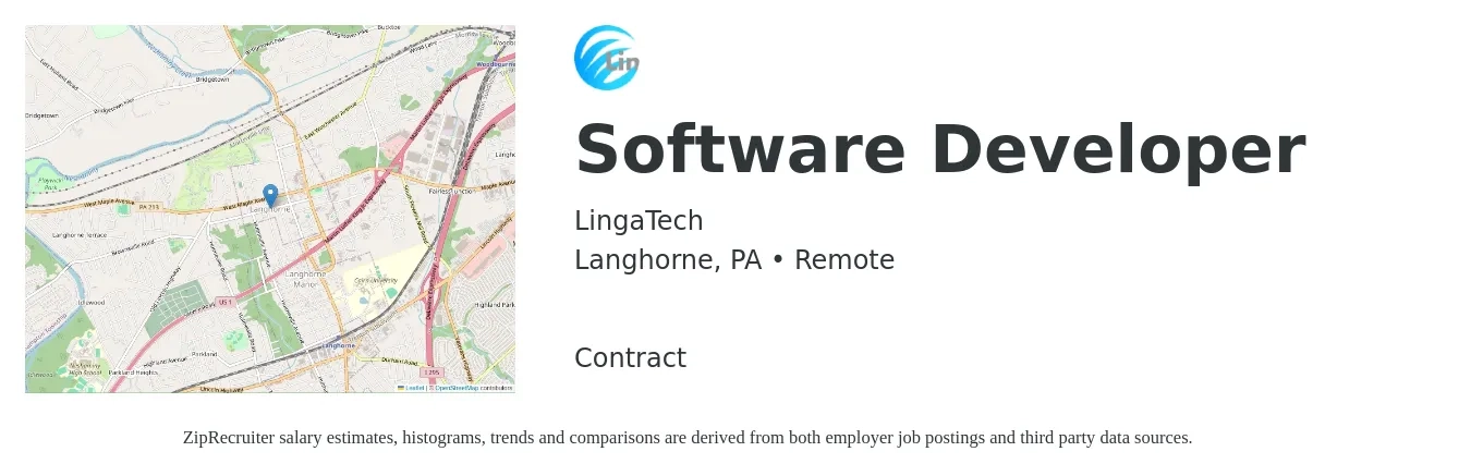 LingaTech job posting for a Software Developer in Langhorne, PA with a salary of $84,900 to $122,700 Yearly with a map of Langhorne location.