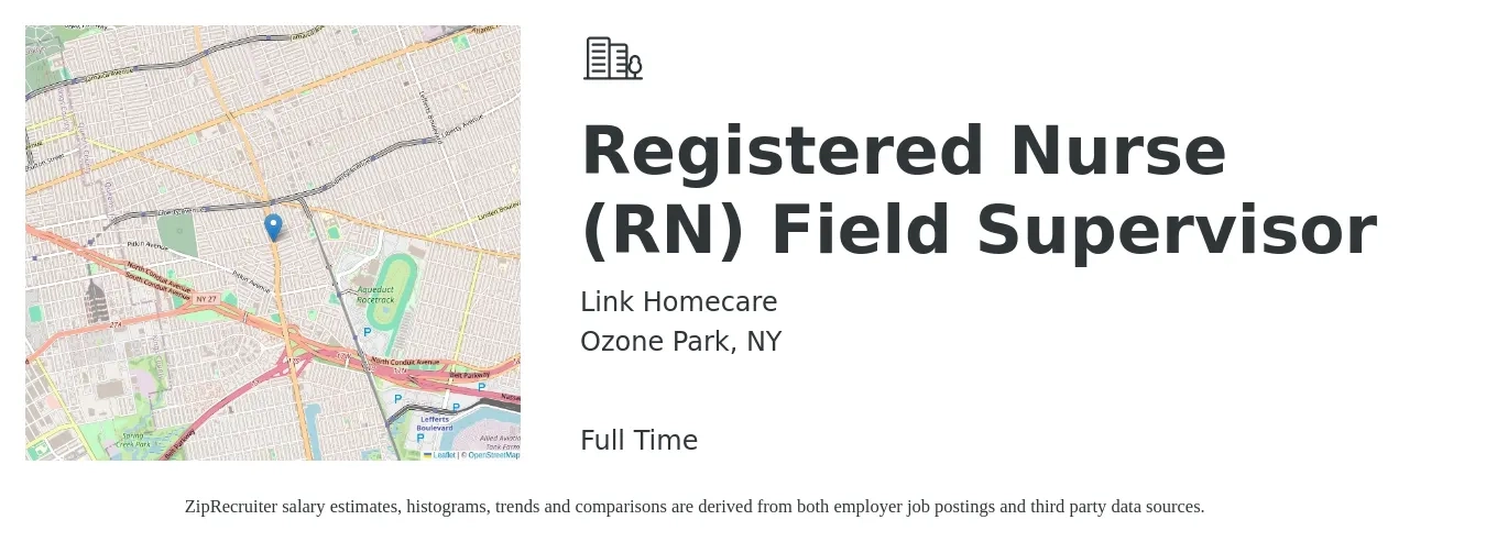 Link Homecare job posting for a Registered Nurse (RN) Field Supervisor in Ozone Park, NY with a salary of $90,000 to $97,000 Yearly with a map of Ozone Park location.