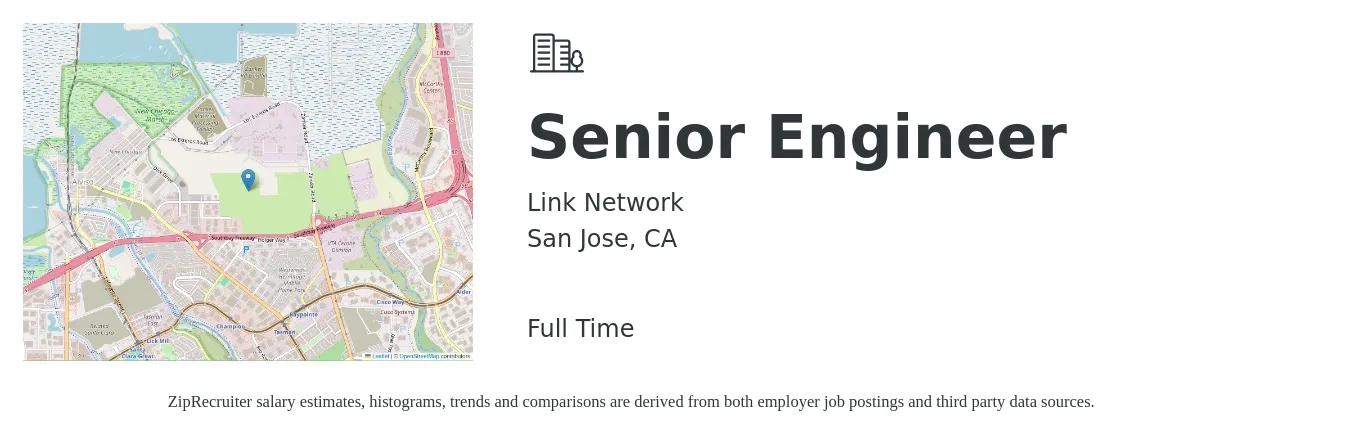 Link Network job posting for a Senior Engineer in San Jose, CA with a salary of $122,500 to $168,200 Yearly with a map of San Jose location.