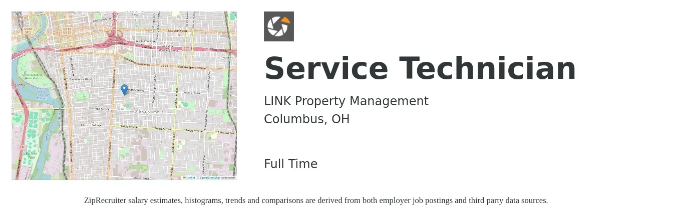 Link Property Management job posting for a Service Technician in Columbus, OH with a salary of $19 to $27 Hourly with a map of Columbus location.