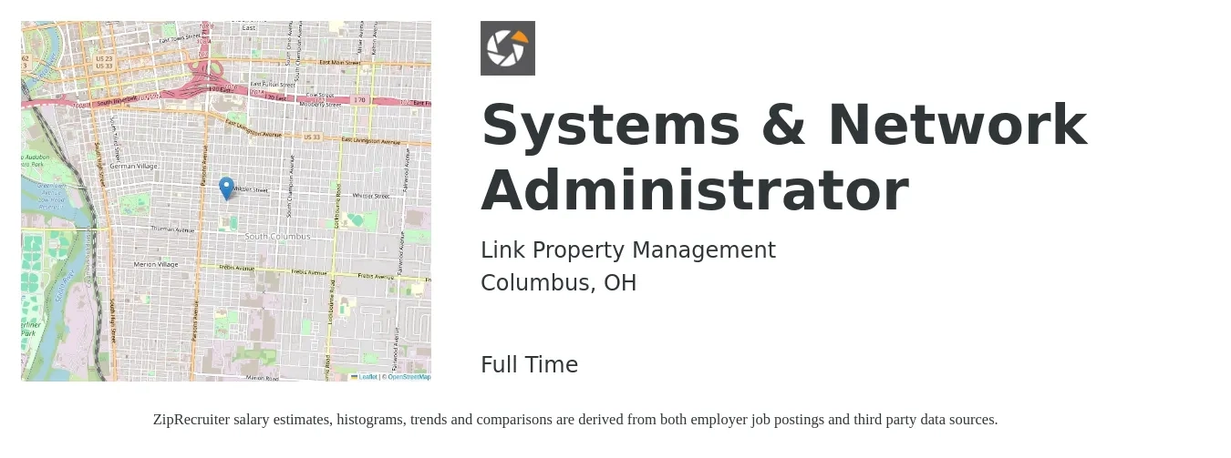 Link Property Management job posting for a Systems & Network Administrator in Columbus, OH with a salary of $67,200 to $90,700 Yearly with a map of Columbus location.