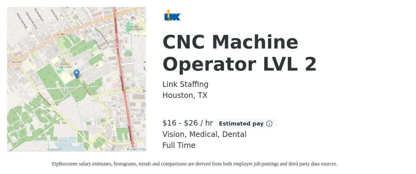 Link Staffing job posting for a CNC Machine Operator LVL 2 in Houston, TX with a salary of $17 to $28 Hourly and benefits including dental, medical, retirement, and vision with a map of Houston location.