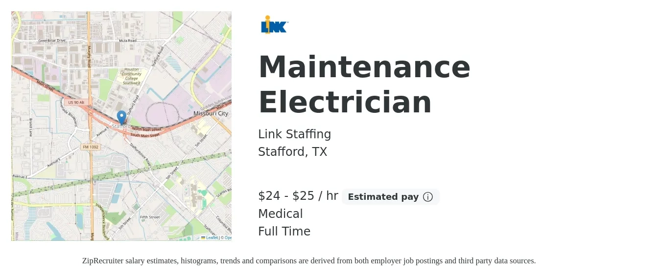 Link Staffing job posting for a Maintenance Electrician in Stafford, TX with a salary of $25 to $27 Hourly and benefits including medical with a map of Stafford location.