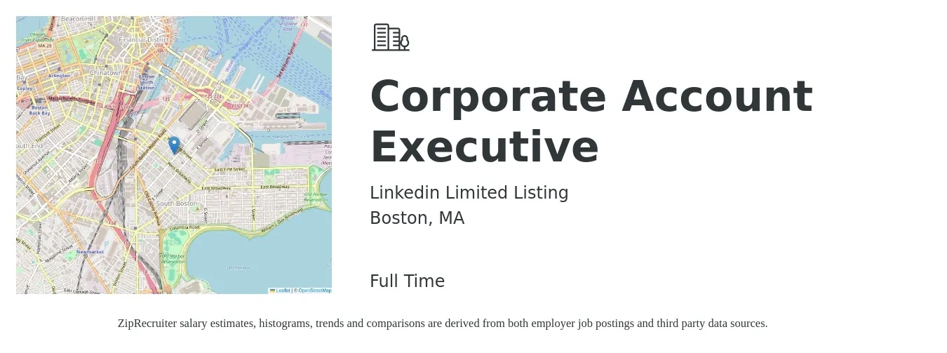 Linkedin Limited Listing job posting for a Corporate Account Executive in Boston, MA with a salary of $97,800 Yearly with a map of Boston location.