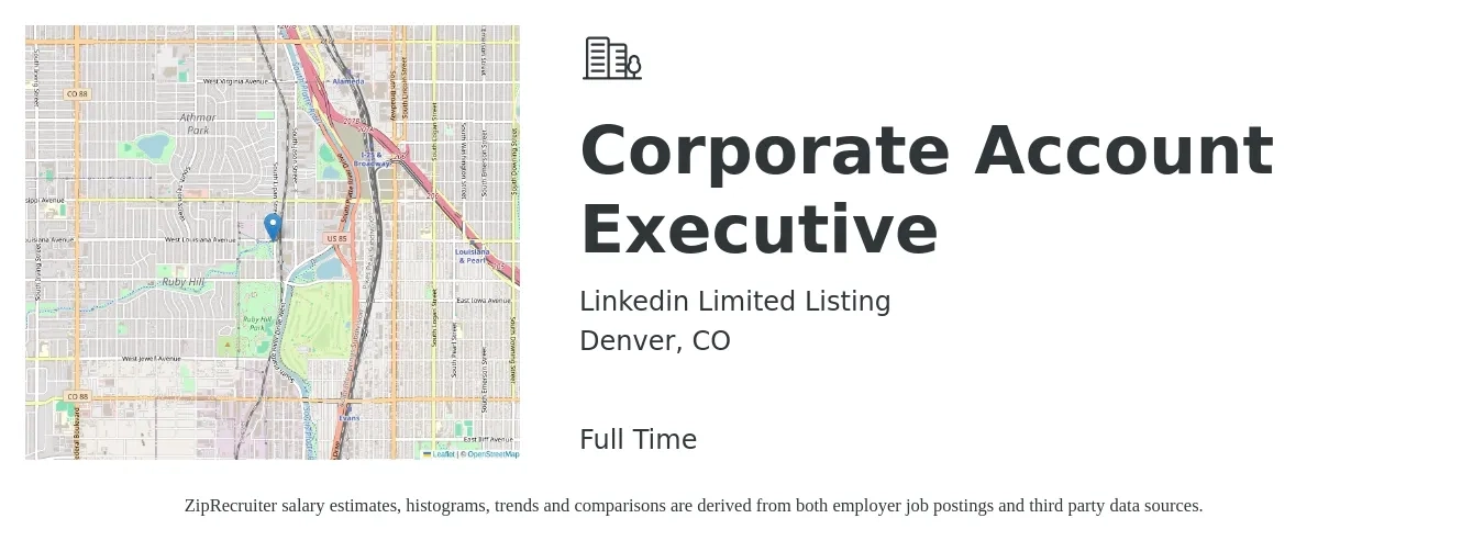 Linkedin Limited Listing job posting for a Corporate Account Executive in Denver, CO with a salary of $92,600 Yearly with a map of Denver location.