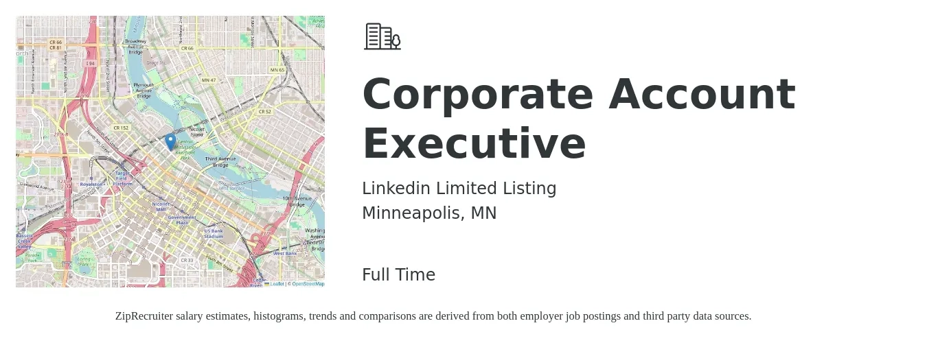Linkedin Limited Listing job posting for a Corporate Account Executive in Minneapolis, MN with a salary of $93,900 Yearly with a map of Minneapolis location.