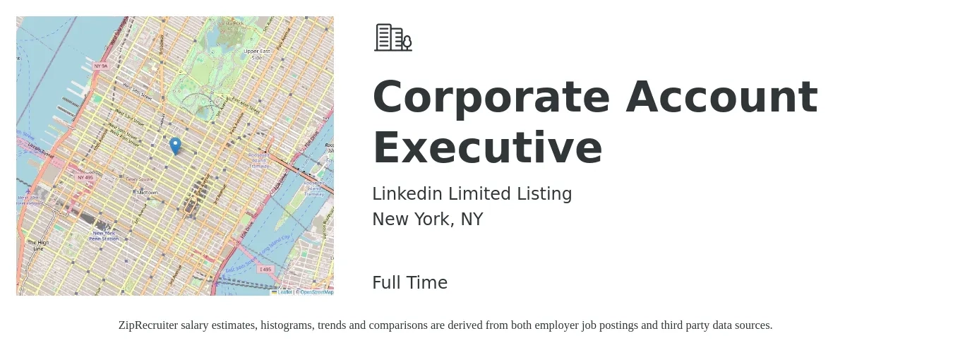 Linkedin Limited Listing job posting for a Corporate Account Executive in New York, NY with a salary of $98,500 Yearly with a map of New York location.