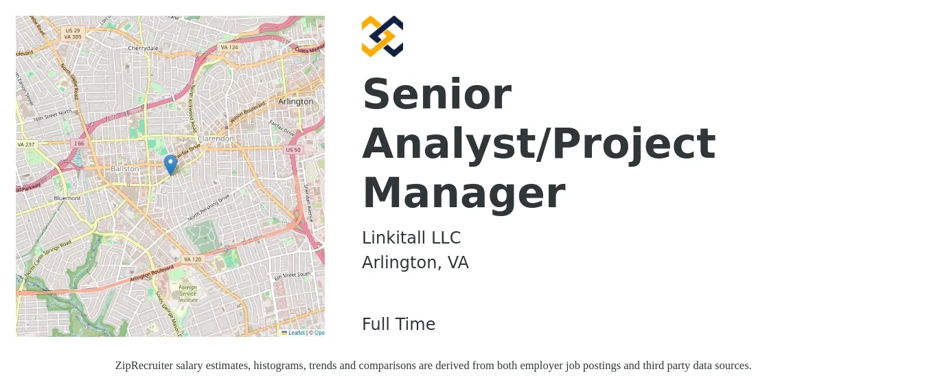 Linkitall LLC job posting for a Senior Analyst/Project Manager in Arlington, VA with a salary of $46 to $55 Hourly with a map of Arlington location.