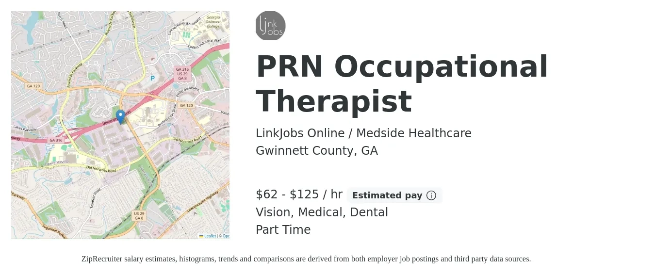 LinkJobs Online / Medside Healthcare job posting for a PRN Occupational Therapist in Gwinnett County, GA with a salary of $65 to $130 Hourly and benefits including medical, vision, and dental with a map of Gwinnett County location.