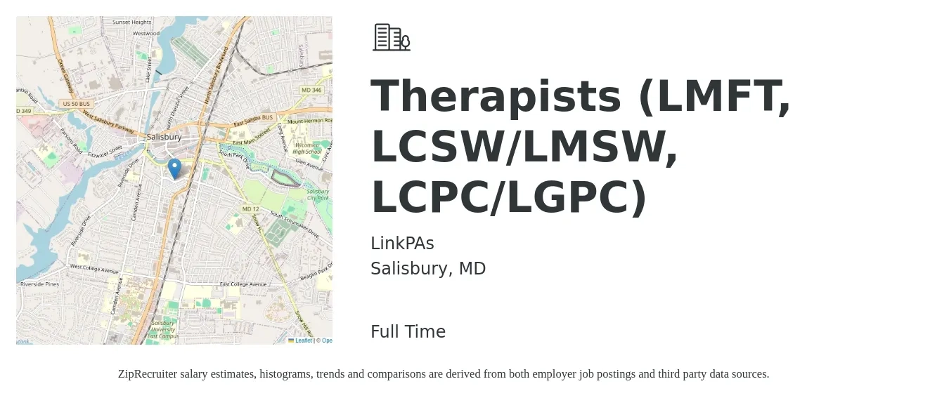 LinkPAs job posting for a Therapists (LMFT, LCSW/LMSW, LCPC/LGPC) in Salisbury, MD with a salary of $59,200 to $83,900 Yearly with a map of Salisbury location.