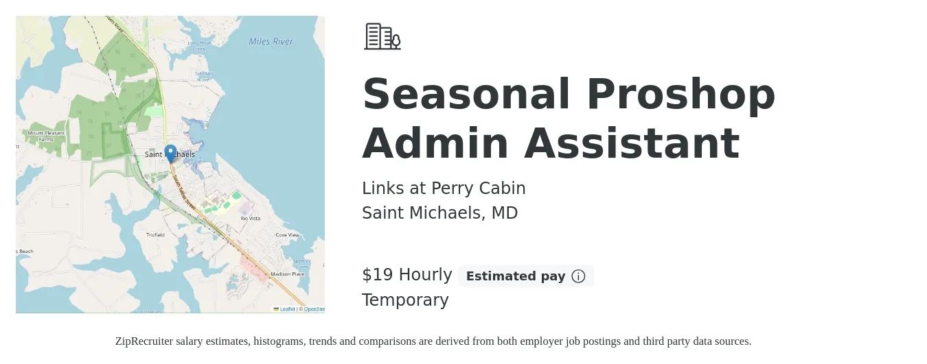 Links at Perry Cabin job posting for a Seasonal Proshop Admin Assistant in Saint Michaels, MD with a salary of $20 Hourly with a map of Saint Michaels location.