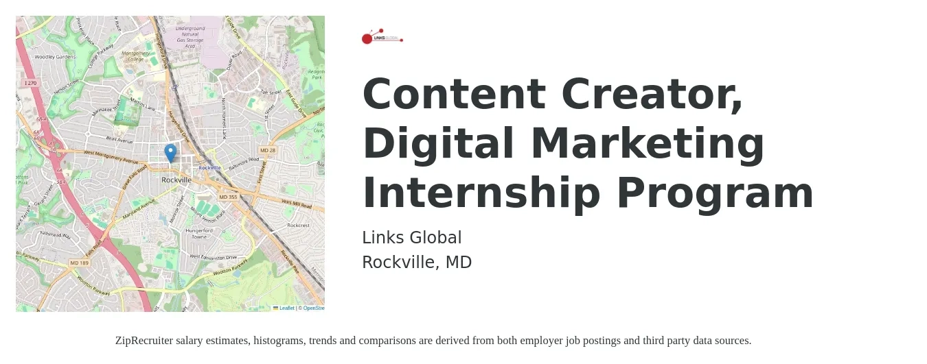 Links Global job posting for a Content Creator, Digital Marketing Internship Program in Rockville, MD with a salary of $14 to $19 Hourly with a map of Rockville location.