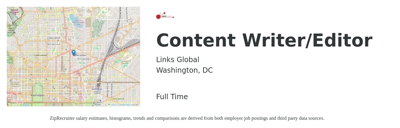 Links Global job posting for a Content Writer/Editor in Washington, DC with a salary of $28 to $54 Hourly with a map of Washington location.