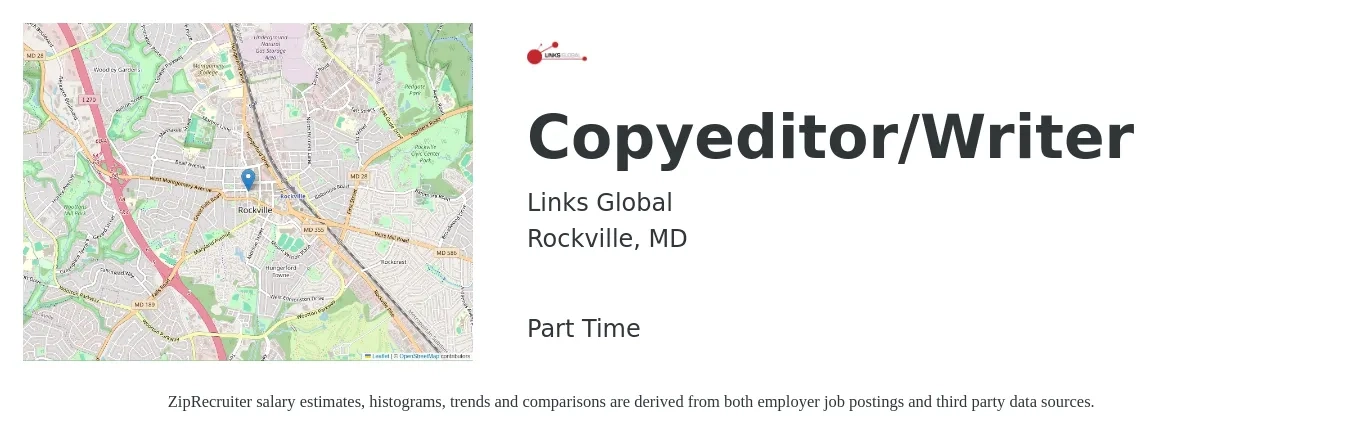 Links Global job posting for a Copyeditor/Writer in Rockville, MD with a salary of $66,300 to $103,500 Yearly with a map of Rockville location.