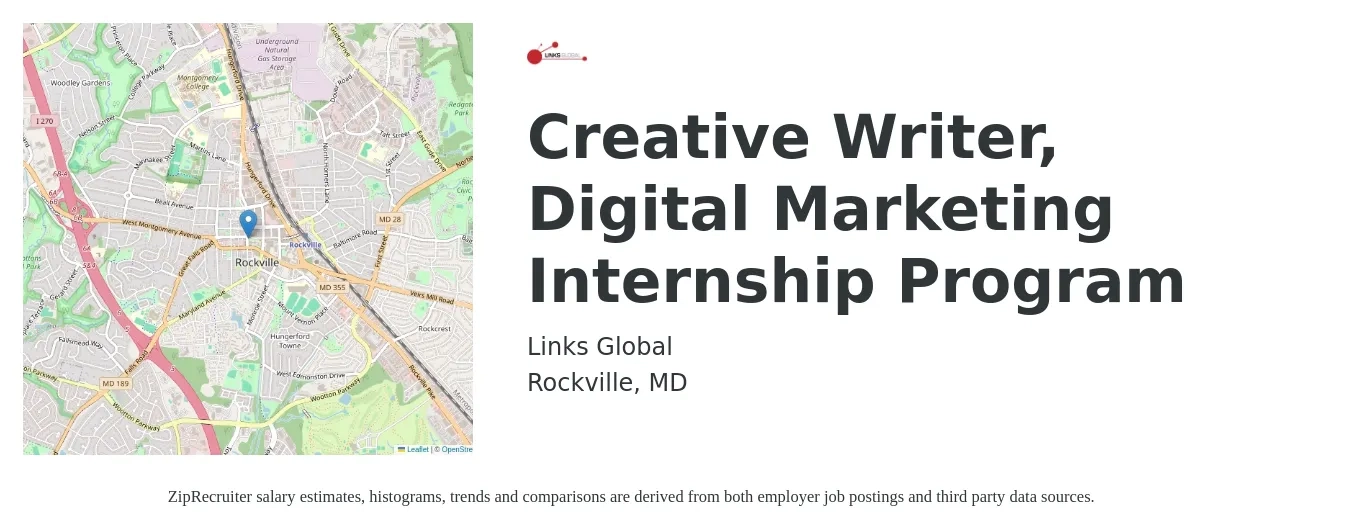 Links Global job posting for a Creative Writer, Digital Marketing Internship Program in Rockville, MD with a salary of $14 to $19 Hourly with a map of Rockville location.