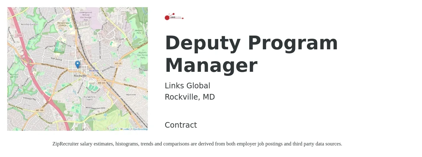 Links Global job posting for a Deputy Program Manager in Rockville, MD with a salary of $118,700 Yearly with a map of Rockville location.