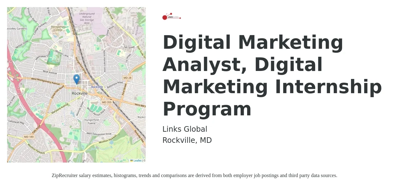 Links Global job posting for a Digital Marketing Analyst, Digital Marketing Internship Program in Rockville, MD with a salary of $14 to $19 Hourly with a map of Rockville location.