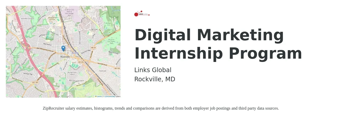 Links Global job posting for a Digital Marketing Internship Program in Rockville, MD with a salary of $14 to $19 Hourly with a map of Rockville location.