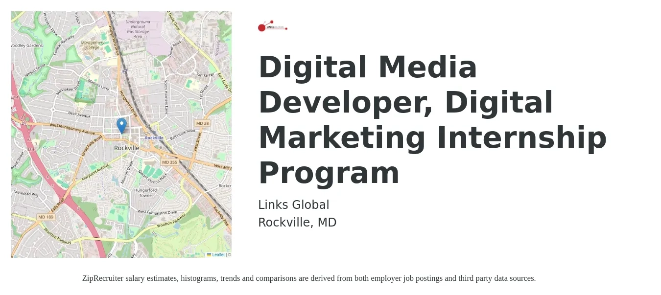 Links Global job posting for a Digital Media Developer, Digital Marketing Internship Program in Rockville, MD with a salary of $14 to $19 Hourly with a map of Rockville location.