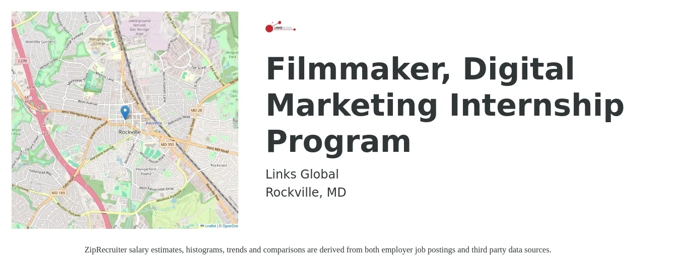 Links Global job posting for a Filmmaker, Digital Marketing Internship Program in Rockville, MD with a salary of $14 to $19 Hourly with a map of Rockville location.