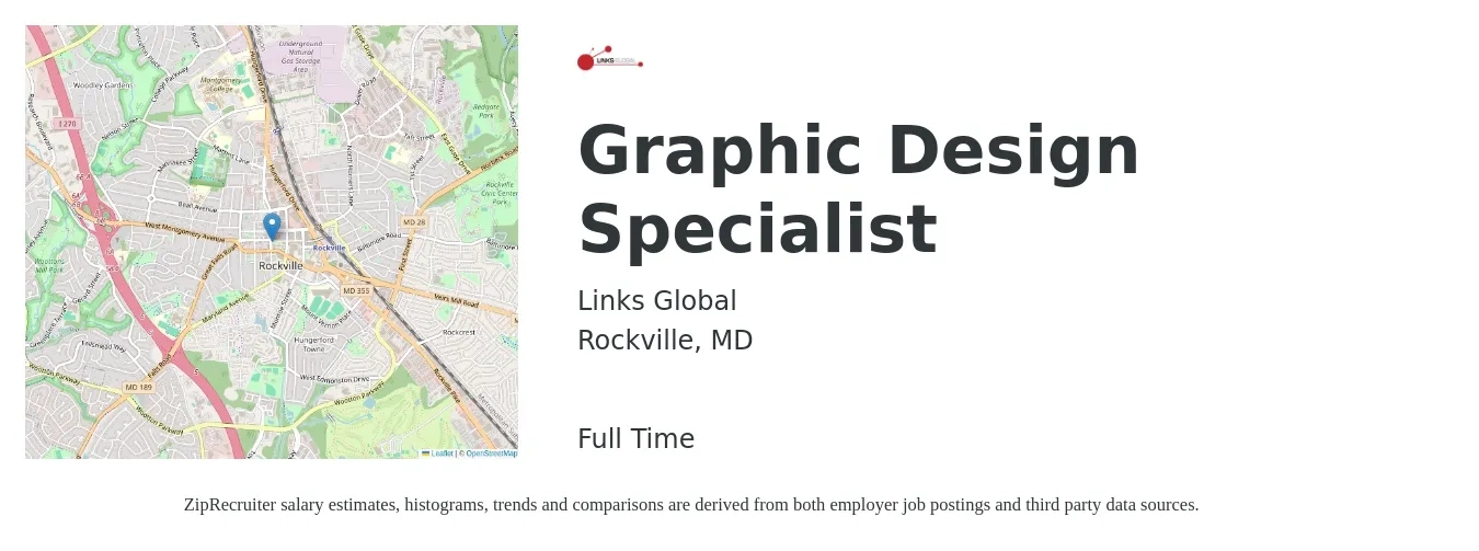 Links Global job posting for a Graphic Design Specialist in Rockville, MD with a salary of $78,000 Yearly with a map of Rockville location.