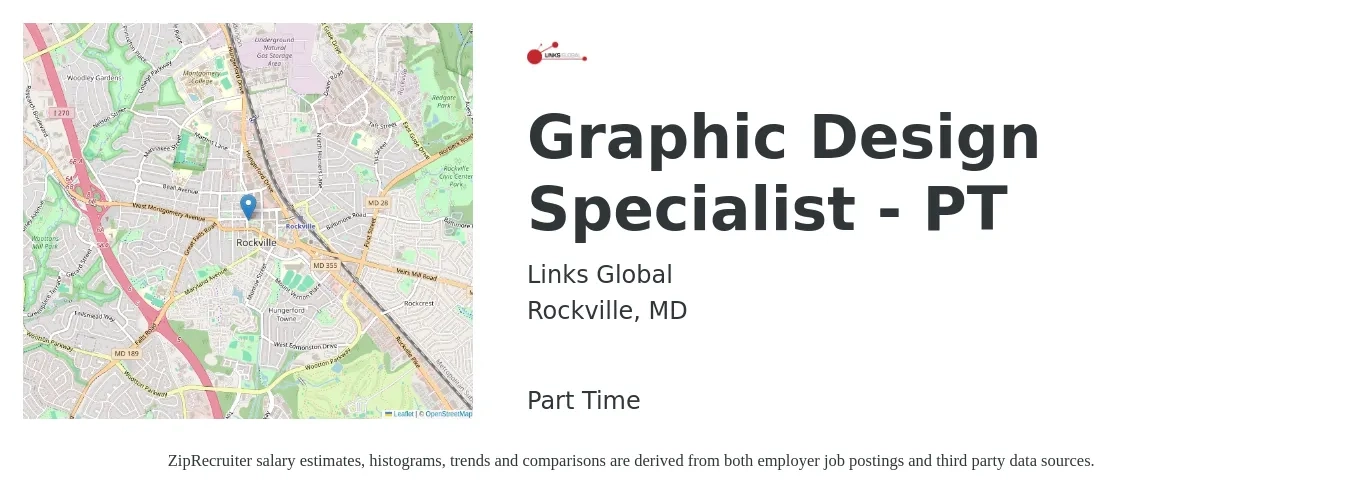 Links Global job posting for a Graphic Design Specialist - PT in Rockville, MD with a salary of $20 to $27 Hourly with a map of Rockville location.