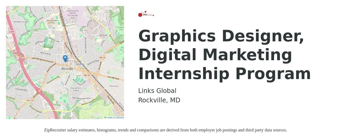 Links Global job posting for a Graphics Designer, Digital Marketing Internship Program in Rockville, MD with a salary of $15 to $20 Hourly with a map of Rockville location.