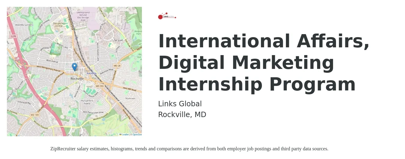 Links Global job posting for a International Affairs, Digital Marketing Internship Program in Rockville, MD with a salary of $14 to $19 Hourly with a map of Rockville location.
