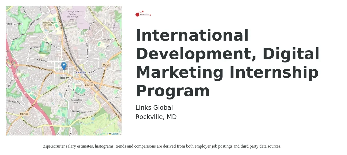 Links Global job posting for a International Development, Digital Marketing Internship Program in Rockville, MD with a salary of $14 to $19 Hourly with a map of Rockville location.