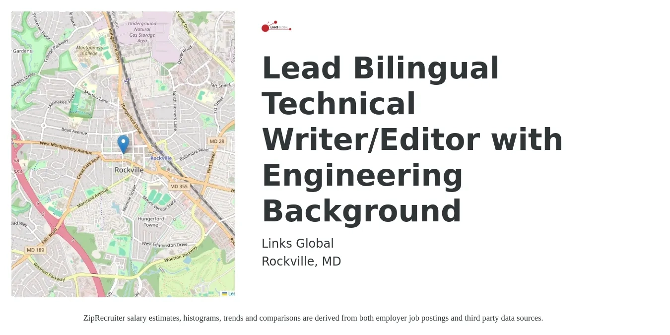 Links Global job posting for a Lead Bilingual Technical Writer/Editor with Engineering Background in Rockville, MD with a salary of $53,500 to $114,200 Yearly with a map of Rockville location.